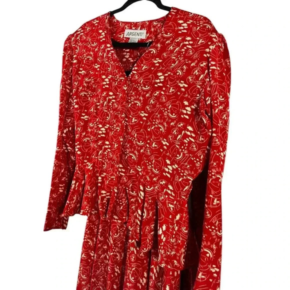 Vintage Argenti Women’s 100% Silk 2 Piece Button Blouse And Midi Skirt Red M - Picture 4 of 9